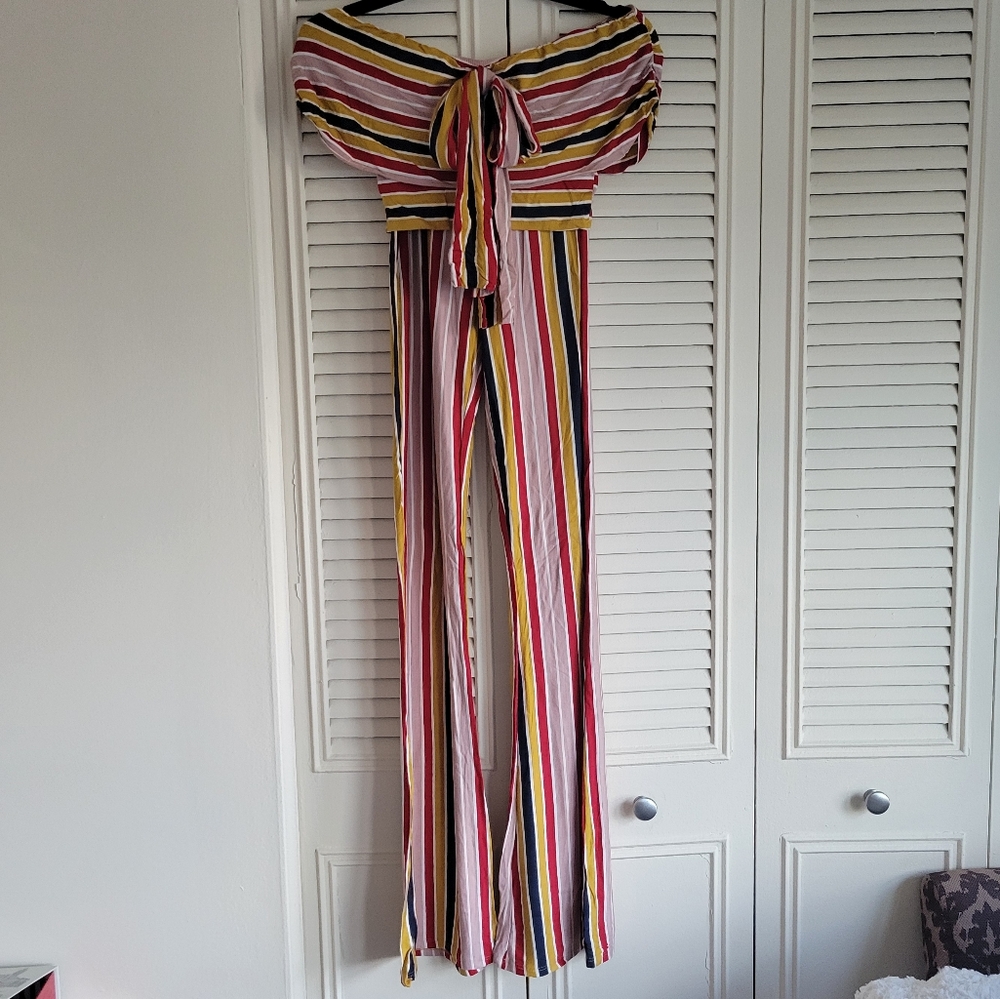 Forever 21 Striped Off Shoulder Resort Vacation Flare Pant Set S Small